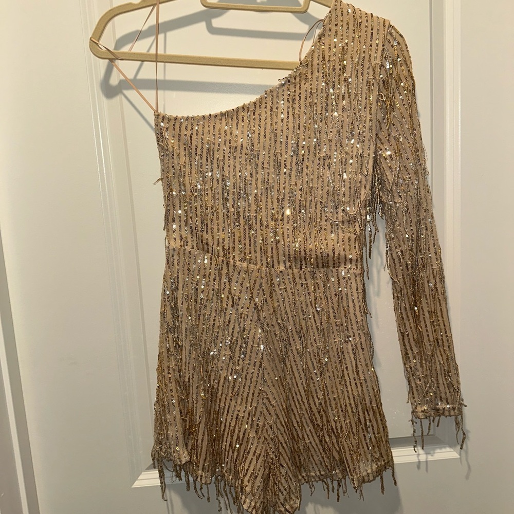 Fashion Nova Gold One Shoulder Sequin Party Dress